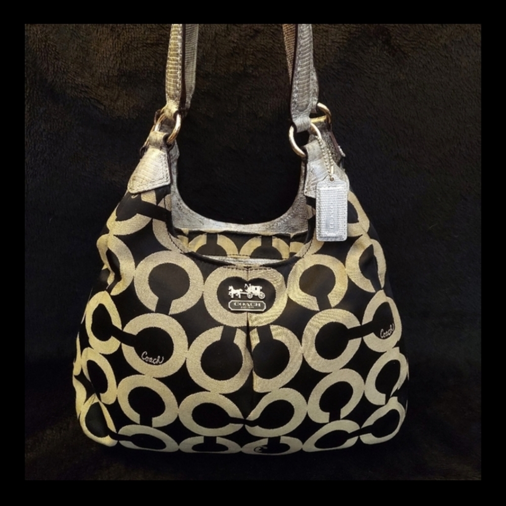 Coach snakeskin trim satchel with three compartments.